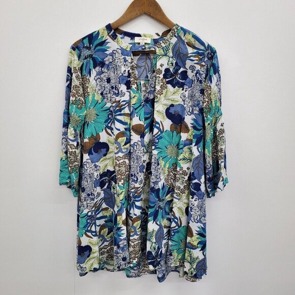 Umgee Womens Boho Floral Tunic Dress Size M Multicolor Bell Sleeve Keyhole Neck - Picture 3 of 14